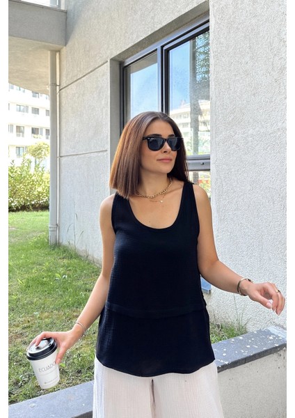 Siyah Ithal Müslin Kumaş, Basic, Katlı, Salaş Askılı Bluz & Atlet