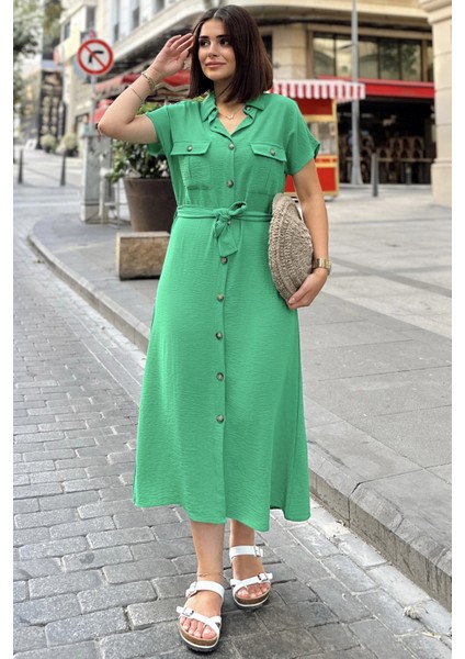 Yeşil Kısa Kol, Gömlek Yaka, Düz Desen, Çift Cepli, Aerobin Kumaş, Kuşaklı Maxi Elbise
