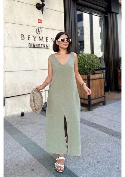 Haki Askılı Ithal Müslin Kumaş, Önü ve Arkası V Yaka, Önden Yırtmaçlı, Maksi/uzun Salaş Elbise fiyatları