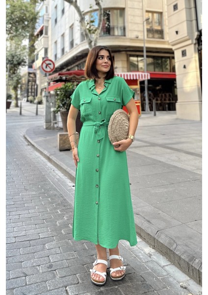 Yeşil Kısa Kol, Gömlek Yaka, Düz Desen, Çift Cepli, Aerobin Kumaş, Kuşaklı Maxi Elbise modelleri
