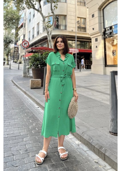 Yeşil Kısa Kol, Gömlek Yaka, Düz Desen, Çift Cepli, Aerobin Kumaş, Kuşaklı Maxi Elbise indirimleri