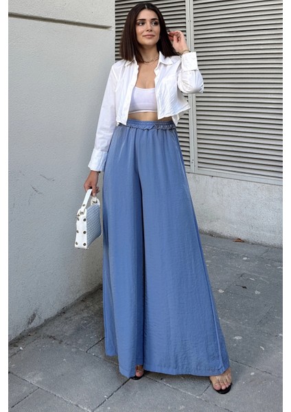 Mavi Beli Lastikli, Cepli, Ispanyol / Bol Paça Özel Kumaş, Rahat Kalıp Pantolon - Tesettüre Uygun