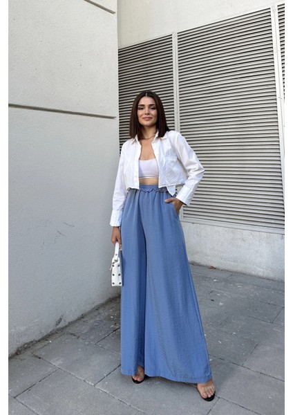 Mavi Beli Lastikli, Cepli, Ispanyol / Bol Paça Özel Kumaş, Rahat Kalıp Pantolon - Tesettüre Uygun fiyatları