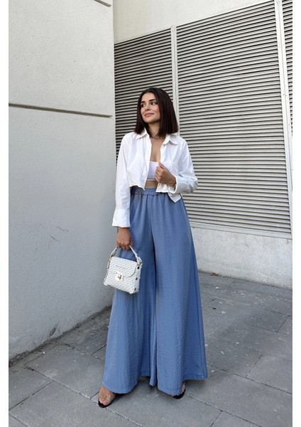 Mavi Beli Lastikli, Cepli, Ispanyol / Bol Paça Özel Kumaş, Rahat Kalıp Pantolon - Tesettüre Uygun modelleri