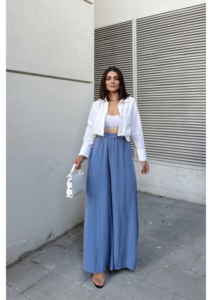 Mavi Beli Lastikli, Cepli, Ispanyol / Bol Paça Özel Kumaş, Rahat Kalıp Pantolon - Tesettüre Uygun fırsatları