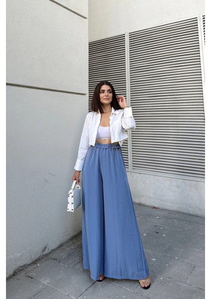 Mavi Beli Lastikli, Cepli, Ispanyol / Bol Paça Özel Kumaş, Rahat Kalıp Pantolon - Tesettüre Uygun indirimleri