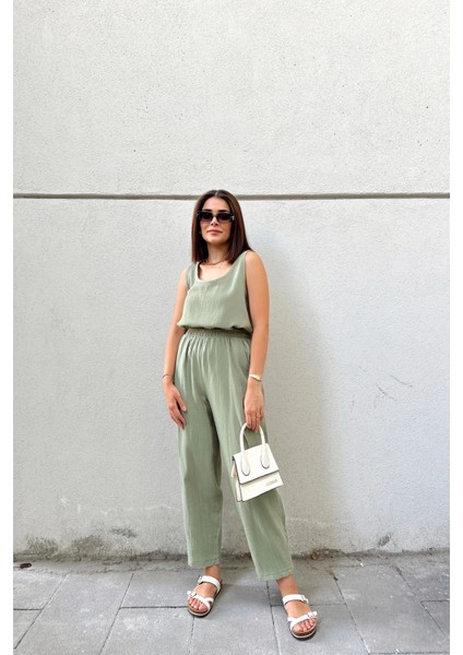 Haki Ithal Müslin Kumaş, Beli Lastikli,Cepli Rahat Kalıp Pantolon - Tesettüre Uygun fırsatları