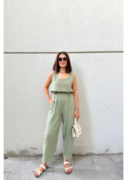 Haki Ithal Müslin Kumaş, Beli Lastikli,Cepli Rahat Kalıp Pantolon - Tesettüre Uygun indirimleri