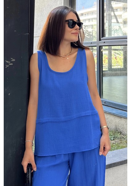 Saks Ithal Müslin Kumaş, Basic, Katlı, Salaş Askılı Bluz & Atlet