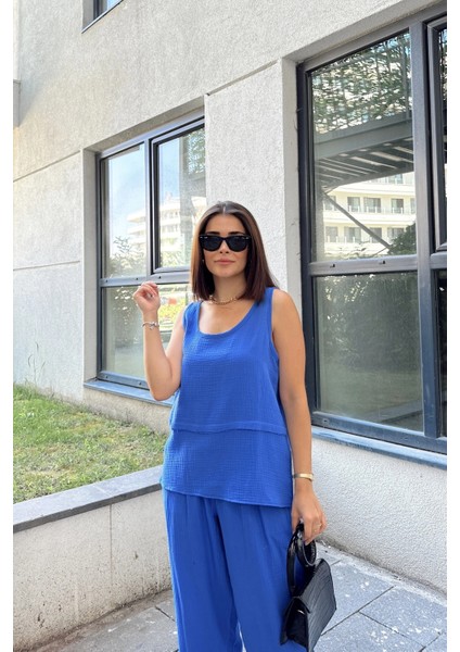 Saks Ithal Müslin Kumaş, Basic, Katlı, Salaş Askılı Bluz & Atlet