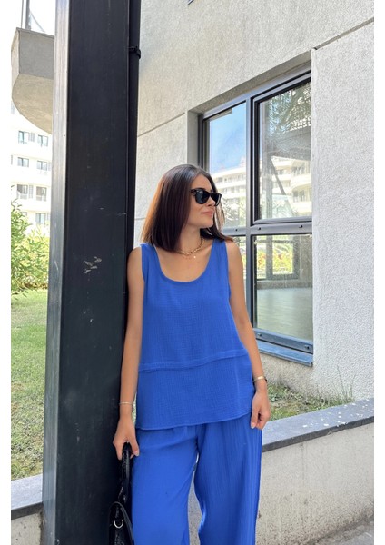 Saks Ithal Müslin Kumaş, Basic, Katlı, Salaş Askılı Bluz & Atlet