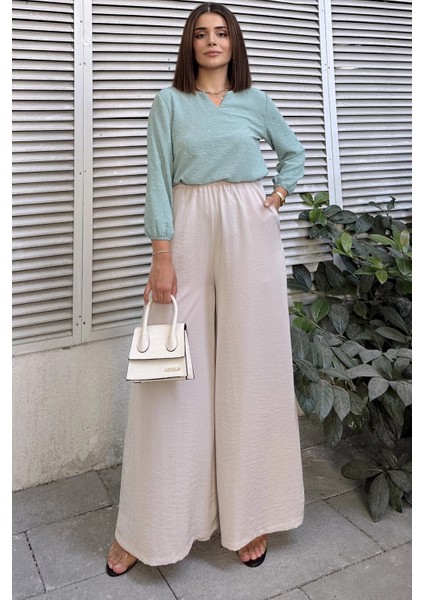 Taş Beli Lastikli, Cepli, Ispanyol / Bol Paça Özel Kumaş, Rahat Kalıp Pantolon - Tesettüre Uygun