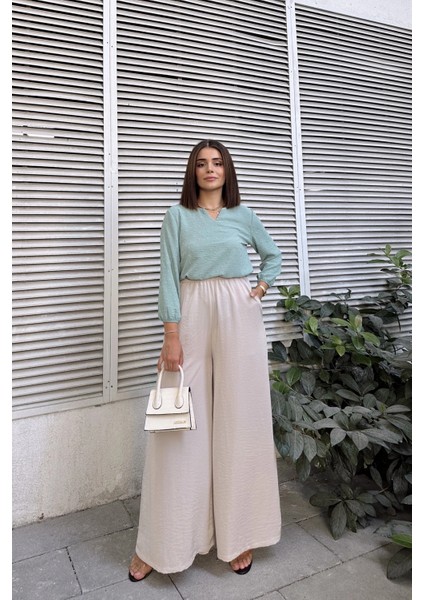 Taş Beli Lastikli, Cepli, Ispanyol / Bol Paça Özel Kumaş, Rahat Kalıp Pantolon - Tesettüre Uygun modelleri