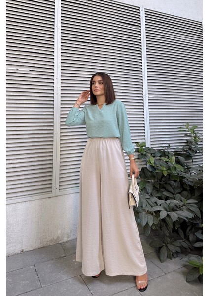 Taş Beli Lastikli, Cepli, Ispanyol / Bol Paça Özel Kumaş, Rahat Kalıp Pantolon - Tesettüre Uygun fırsatları