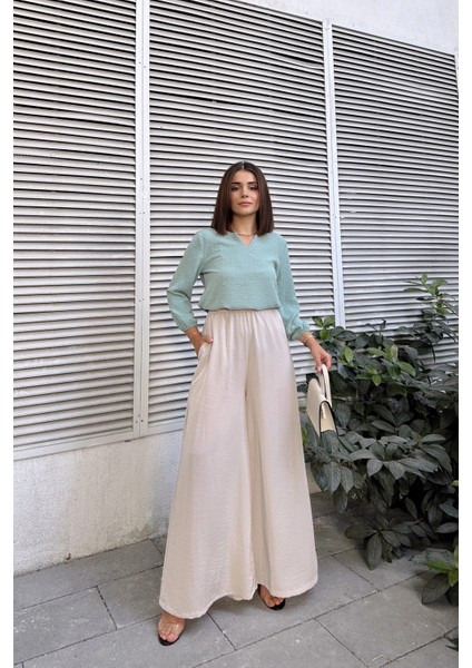 Taş Beli Lastikli, Cepli, Ispanyol / Bol Paça Özel Kumaş, Rahat Kalıp Pantolon - Tesettüre Uygun indirimleri