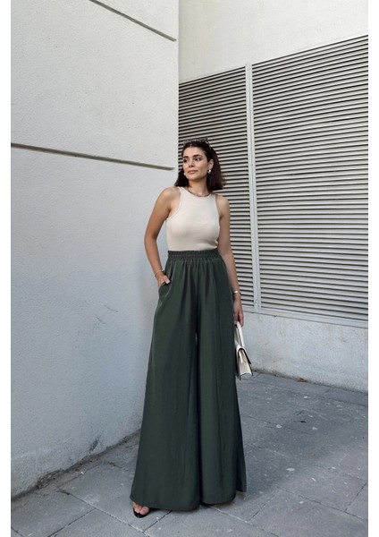 Haki Beli Lastikli, Cepli, Ispanyol / Bol Paça Özel Kumaş, Rahat Kalıp Pantolon - Tesettüre Uygun fiyatları