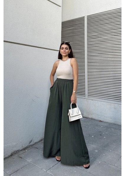 Haki Beli Lastikli, Cepli, Ispanyol / Bol Paça Özel Kumaş, Rahat Kalıp Pantolon - Tesettüre Uygun modelleri