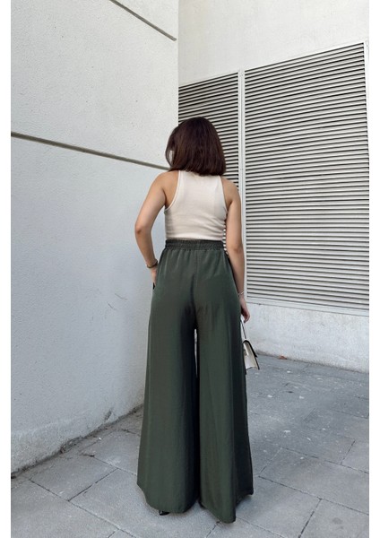 Haki Beli Lastikli, Cepli, Ispanyol / Bol Paça Özel Kumaş, Rahat Kalıp Pantolon - Tesettüre Uygun fırsatları