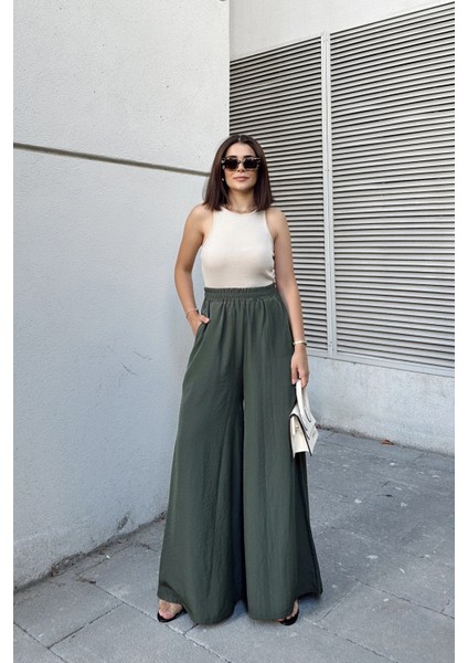 Haki Beli Lastikli, Cepli, Ispanyol / Bol Paça Özel Kumaş, Rahat Kalıp Pantolon - Tesettüre Uygun indirimleri