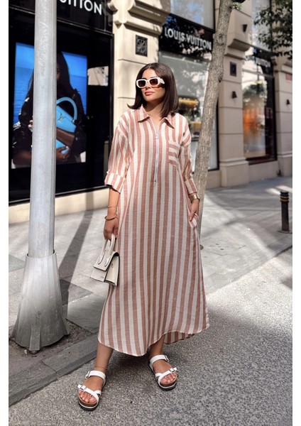 Kiremit Uzun Kol, Oversize , Cepli ve Fermuarlı Çizgili Uzun Salaş Elbise & Tunik - Tesettüre Uygun
