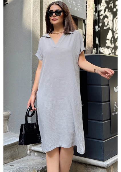 Grı Kısa Kol, Polo Yaka, Dokulu Kumaş, Basic Kalıp/kesim, Aerobin Rahat Midi Elbise