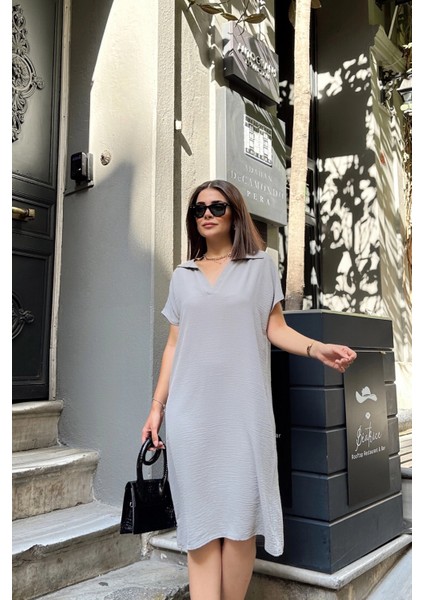 Grı Kısa Kol, Polo Yaka, Dokulu Kumaş, Basic Kalıp/kesim, Aerobin Rahat Midi Elbise fiyatları