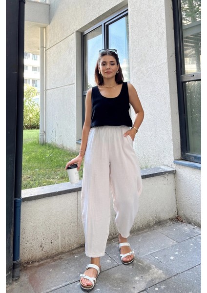 Taş Ithal Müslin Kumaş, Beli Lastikli,Cepli Rahat Kalıp Pantolon - Tesettüre Uygun modelleri
