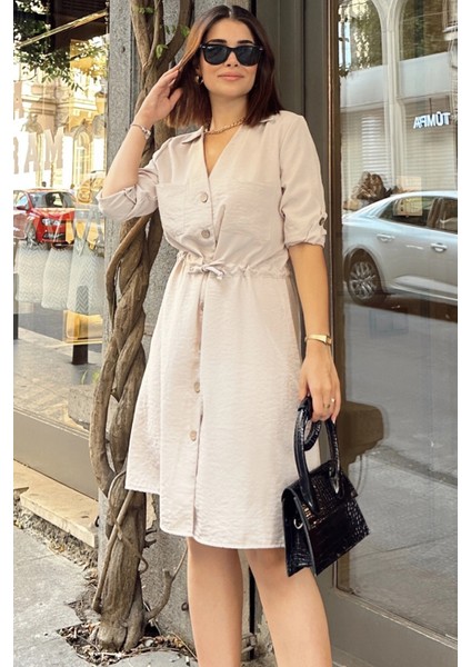 Bej Uzun Kol, Derin Gömlek Yaka Beli Bağlamalı Cepli Önü Düğmeli, A Kesim Salaş Elbise