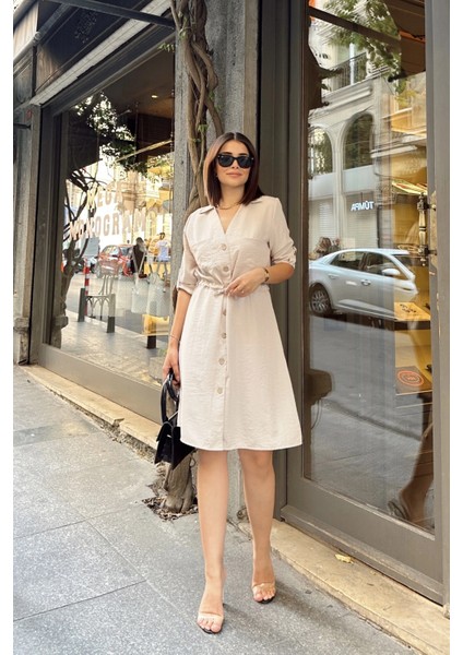 Bej Uzun Kol, Derin Gömlek Yaka Beli Bağlamalı Cepli Önü Düğmeli, A Kesim Salaş Elbise fiyatları