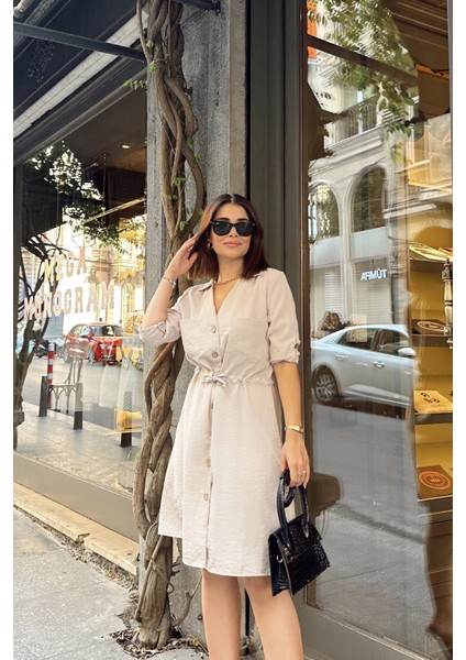 Bej Uzun Kol, Derin Gömlek Yaka Beli Bağlamalı Cepli Önü Düğmeli, A Kesim Salaş Elbise modelleri