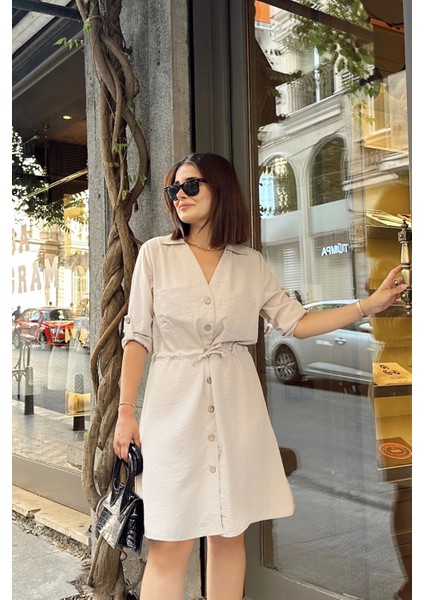 Bej Uzun Kol, Derin Gömlek Yaka Beli Bağlamalı Cepli Önü Düğmeli, A Kesim Salaş Elbise fırsatları