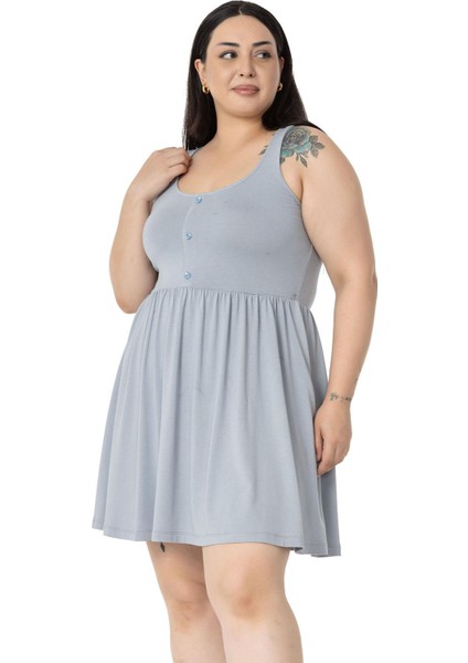 Büyük Beden Süs Düğme Detaylı Viskon Kısa Açık Gri Elbise fiyatları