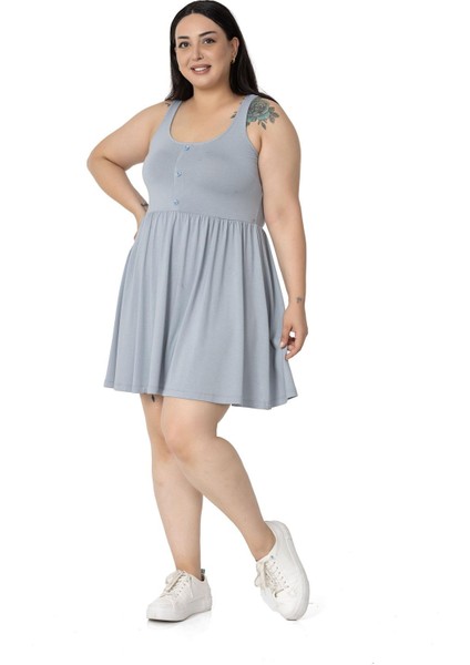 Büyük Beden Süs Düğme Detaylı Viskon Kısa Açık Gri Elbise fırsatları