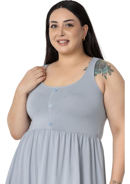 Büyük Beden Süs Düğme Detaylı Viskon Kısa Açık Gri Elbise indirimleri