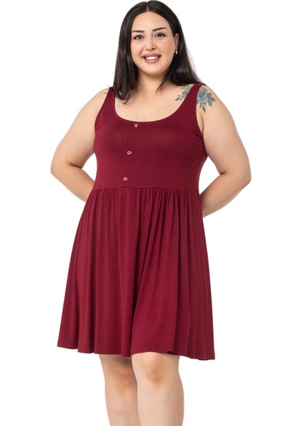 Büyük Beden Süs Düğme Detaylı Viskon Kısa Bordo Elbise fiyatları