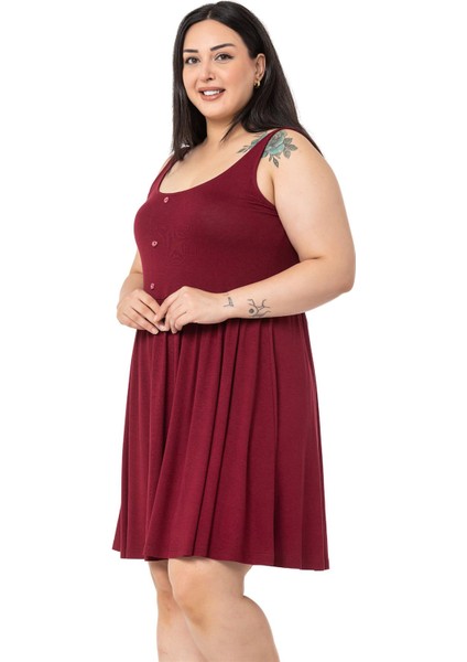 Büyük Beden Süs Düğme Detaylı Viskon Kısa Bordo Elbise fırsatları