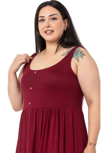 Büyük Beden Süs Düğme Detaylı Viskon Kısa Bordo Elbise indirimleri