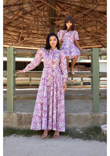 Tesettür Pembe Pastel Çiçekli Boyundan Bağlamalı Kloş Anne Kız Kombini (Tekli Satılmaktadır) fiyatları