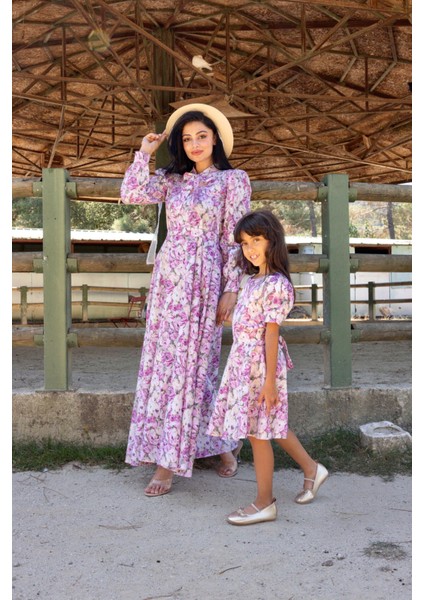 Tesettür Pembe Pastel Çiçekli Boyundan Bağlamalı Kloş Anne Kız Kombini (Tekli Satılmaktadır) modelleri