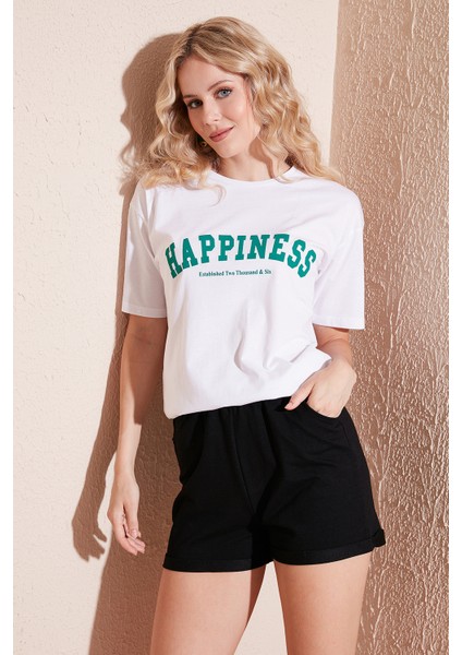 Baskılı Pamuklu Oversize Bisiklet Yaka T Shirt Bayan T Shirt 541HAPPINESS