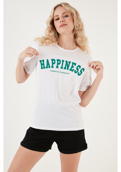 Baskılı Pamuklu Oversize Bisiklet Yaka T Shirt Bayan T Shirt 541HAPPINESS