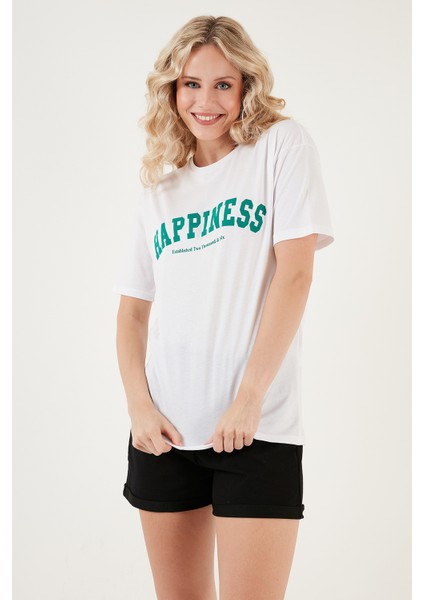 Baskılı Pamuklu Oversize Bisiklet Yaka T Shirt Bayan T Shirt 541HAPPINESS