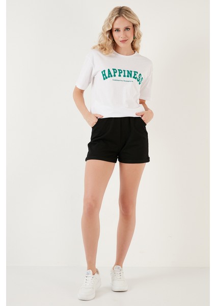 Baskılı Pamuklu Oversize Bisiklet Yaka T Shirt Bayan T Shirt 541HAPPINESS