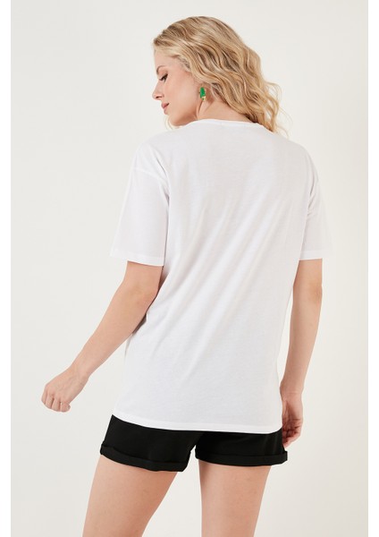 Baskılı Pamuklu Oversize Bisiklet Yaka T Shirt Bayan T Shirt 541HAPPINESS