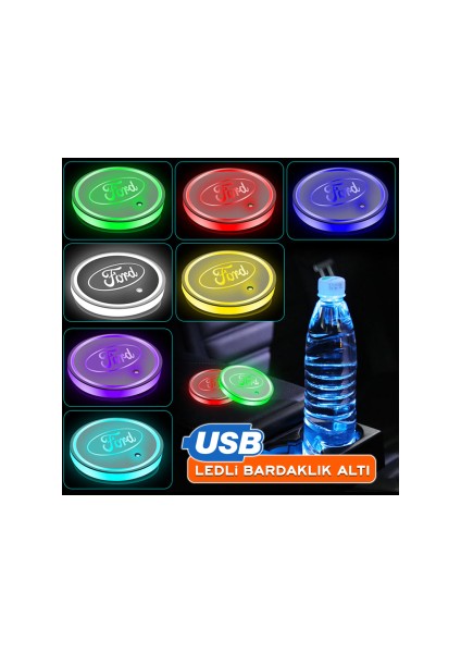 Ford Uyumlu Gece Sensörlü Ledli Bardaklık Altı USB Şarjlı 7 Farklı Renk