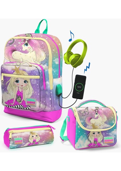 Coral High Kids Pembe Su Yeşili Unicornlu Kız Desenli Usb'li 3’lü Okul Çanta Seti Set 23833-MİX3