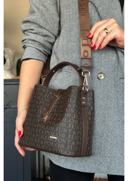 Baskı Desenli Özel Seri Kadın Omuz Çantası 92055-GQ Kahverengi