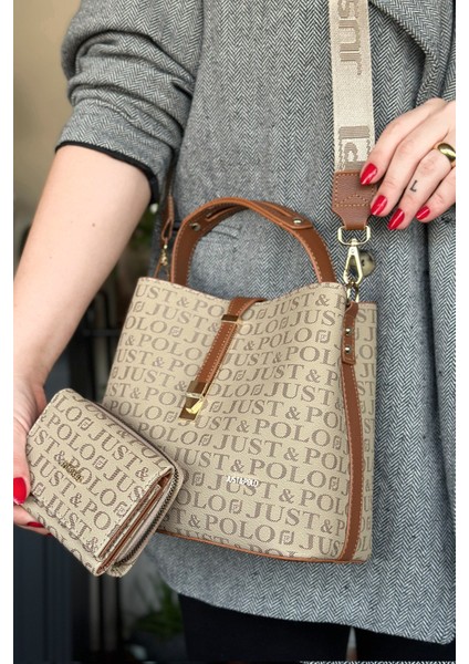 Baskı Desenli Özel Seri Çanta Cüzdan Kombini 92055-GQ Kum Taba Kombin