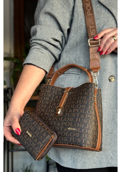 Baskı Desenli Özel Seri Çanta Cüzdan Kombini 92055-GQ Kahve Taba Kombin fiyatları