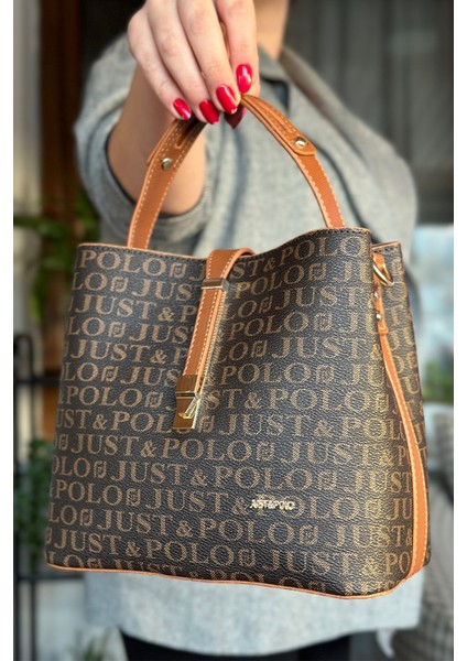 Baskı Desenli Özel Seri Çanta Cüzdan Kombini 92055-GQ Kahve Taba Kombin modelleri